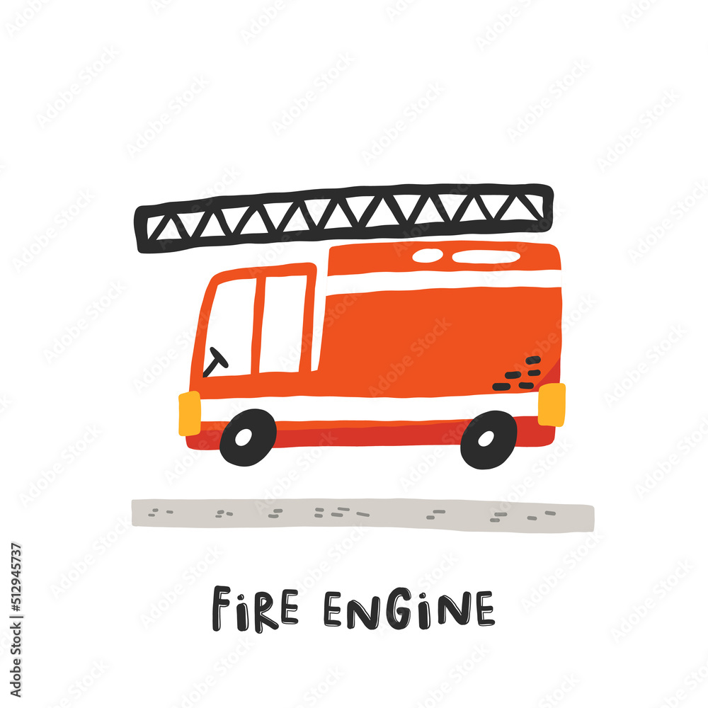 Firetruck. Hand drawn illustration in cartoon style. Transport toys. Cute concept for children's print. Illustration for the design postcard, textiles, apparel Firetruck. Hand drawn illustration in cartoon style. Transport toys. Cute concept for children's print. Illustration for the design postcard, textiles, apparel