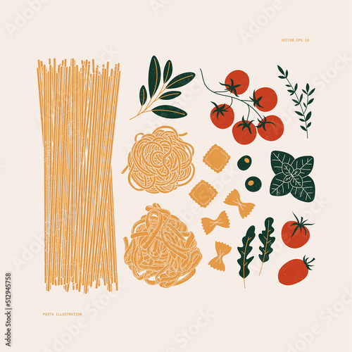 Pasta elements collection. Italian food set. Vintage textured style. Tomato, basil and pasta. Vector illustration