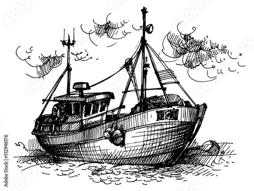 Boat Sketch, Nautical vector design. Line drawing of the boat. Marine illustration. Fishing boat at sea