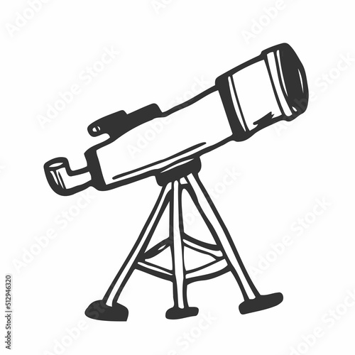 Telescope icon in doodle sketch lines. Space, stars constellation