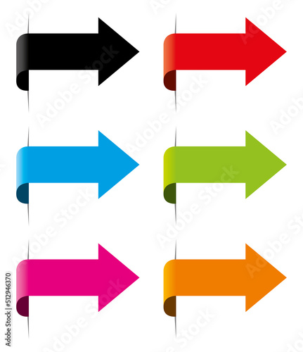 Colorful arrows with shadow on white background. Vector set.