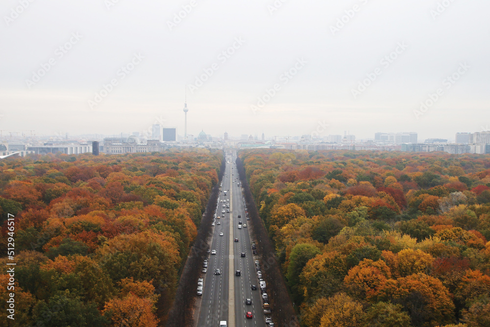 Panorama of Berlin center and Big Tiergarten park, the view from the column of Victoryd