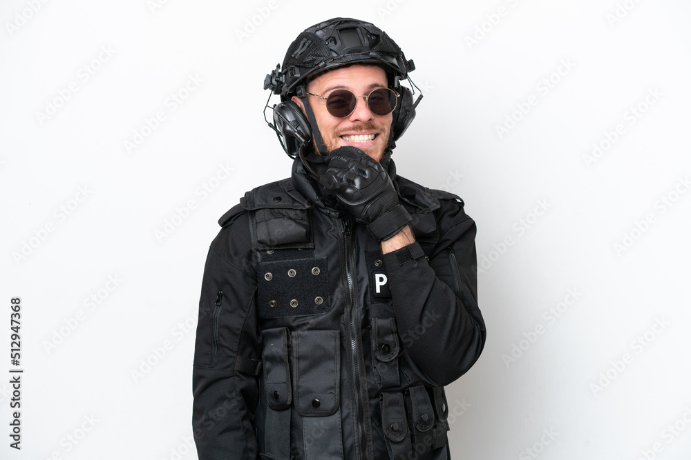 Brazilian soldier man isolated on white background with glasses and smiling