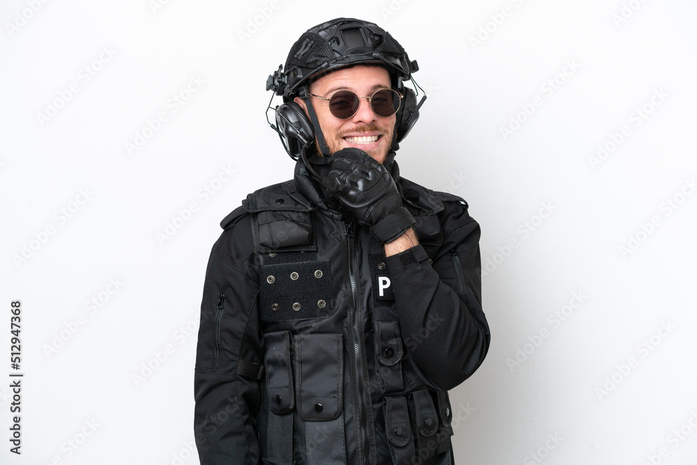 Brazilian soldier man isolated on white background with glasses and smiling Brazilian soldier man isolated on white background with glasses and smiling
