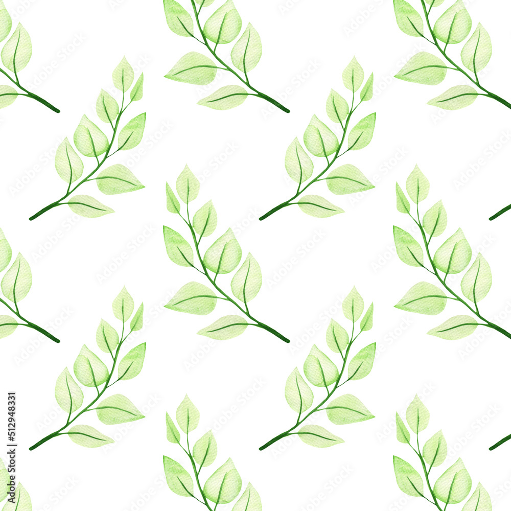 Simple and cute green watercolor leaves and branches seamless pattern. Spring branches and leaves isolated on white background. Real watercolor painting.