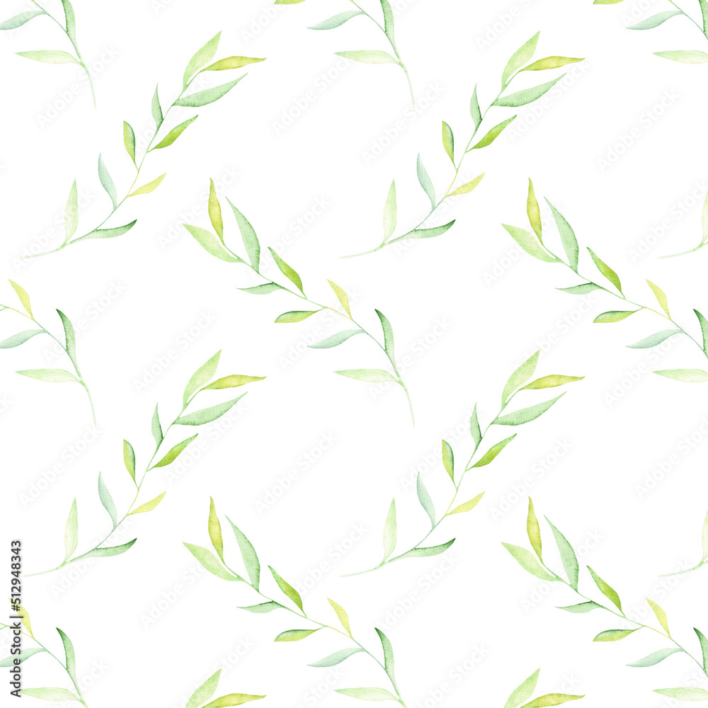 Simple and cute green watercolor leaves and branches seamless pattern. Spring branches and leaves isolated on white background. Real watercolor painting. Simple and cute green watercolor leaves and branches seamless pattern. Spring branches and leaves isolated on white background. Real watercolor painting.