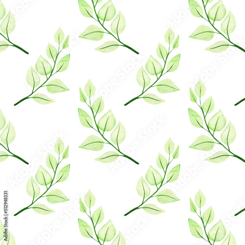 Simple and cute green watercolor leaves and branches seamless pattern. Spring branches and leaves isolated on white background. Real watercolor painting.