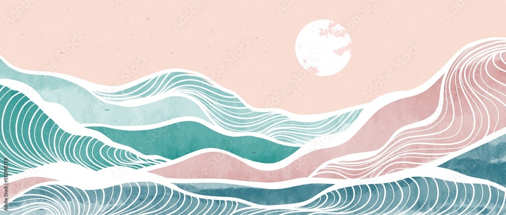 Creative minimalist modern paint and line art print. Abstract ocean wave and mountain contemporary aesthetic backgrounds landscapes. with sea, skyline, wave. vector illustrations Creative minimalist modern paint and line art print. Abstract ocean wave and mountain contemporary aesthetic backgrounds landscapes. with sea, skyline, wave. vector illustrations