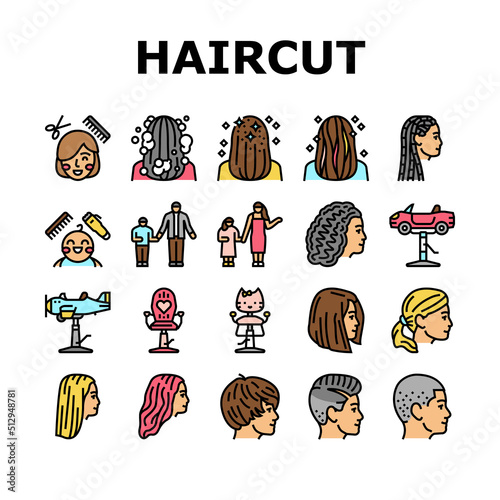 Children Haircut Salon Service Icons Set Vector. Kid Haircut Salon Service And Accessory, Chair In Car And Airplane Form, Haircutting Scissors And Device. Hairdressing Procedure Color Illustrations