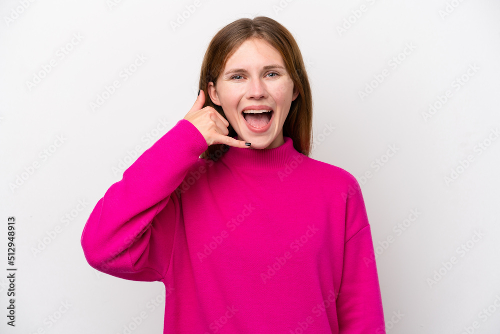 Young English woman isolated on white background making phone gesture. Call me back sign Young English woman isolated on white background making phone gesture. Call me back sign