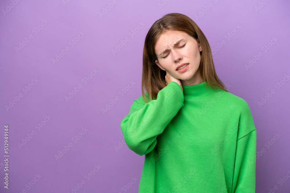 Young English woman isolated on purple background with neckache Young English woman isolated on purple background with neckache