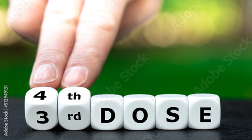 Symbol for a 4th vaccination against the corona virus. Hand turns dice and changes the expression "3rd dose" to "4th dose".