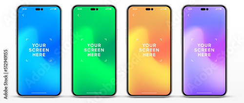Realistic smartphone mockup isolated with transparent screens. Smart phone mockup collection. Device front view. 3D mobile phone with shadow on white background. Realistic, flat and line style
