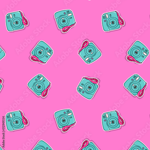 Seamless pattern with pop art stickers, polaroid camera on retro vintage style