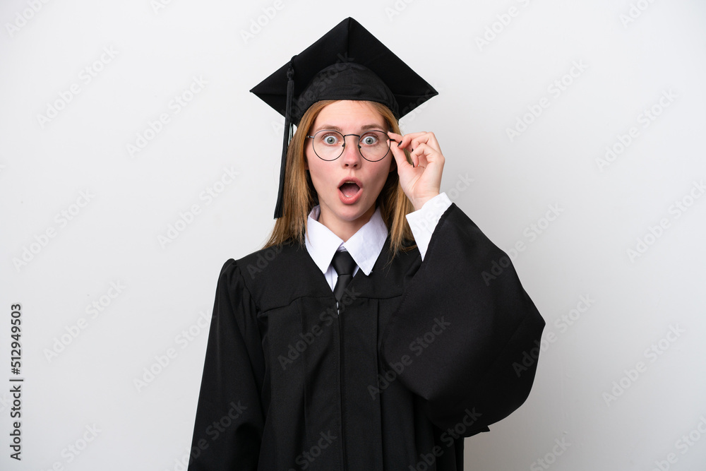 Young university graduate English woman isolated on white background with glasses and surprised Young university graduate English woman isolated on white background with glasses and surprised