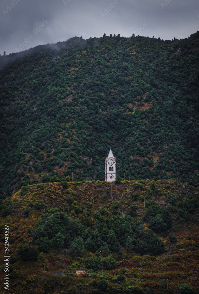 Church on the top of mountain in village Sao Vicente, or San Vicente in Madeira island, Portugal - travel background. October 2021