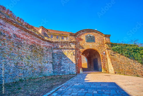 The main entrance to Spilberk castle through the medieval gates, Brno, Czech Republic