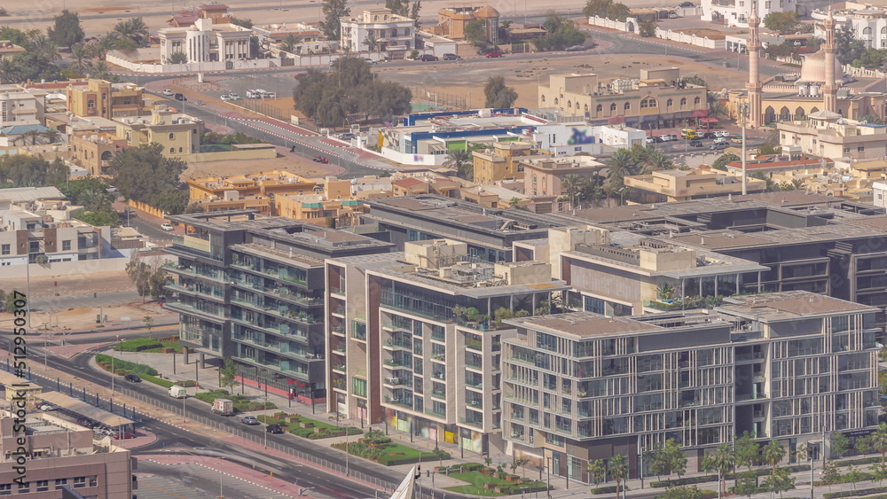City Walk district aerial timelapse, new urban area in Dubai downtown.