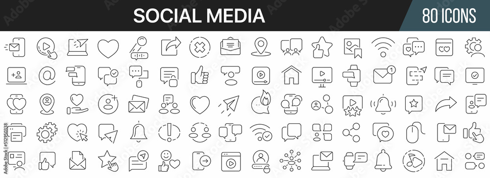 Social media line icons collection. Big UI icon set in a flat design. Thin outline icons pack. Vector illustration EPS10