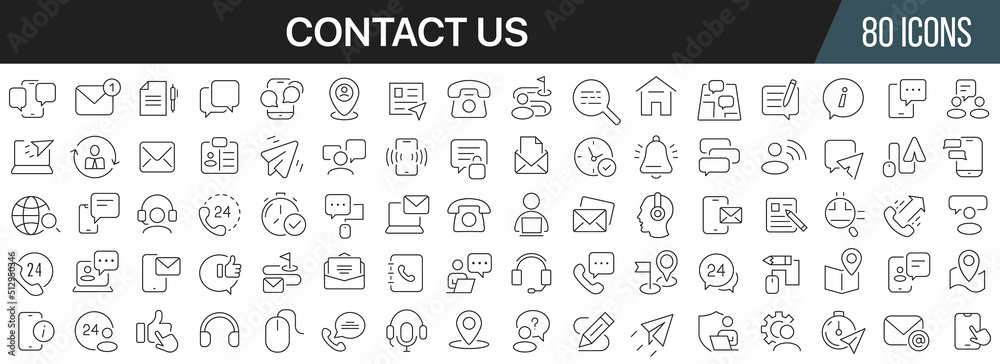 Contact us and support line icons collection. Big UI icon set in a flat design. Thin outline icons pack. Vector illustration EPS10 Contact us and support line icons collection. Big UI icon set in a flat design. Thin outline icons pack. Vector illustration EPS10