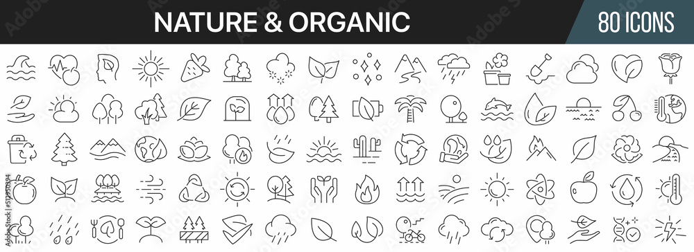 Nature and organic line icons collection. Big UI icon set in a flat design. Thin outline icons pack. Vector illustration EPS10 Nature and organic line icons collection. Big UI icon set in a flat design. Thin outline icons pack. Vector illustration EPS10