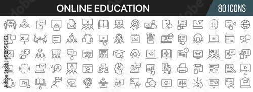 Online education and seminar line icons collection. Big UI icon set in a flat design. Thin outline icons pack. Vector illustration EPS10