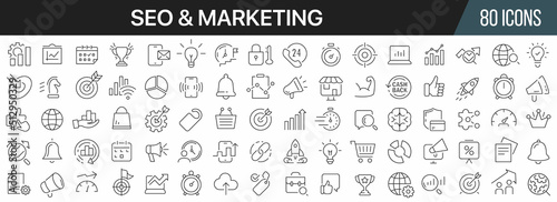 Seo and marketing line icons collection. Big UI icon set in a flat design. Thin outline icons pack. Vector illustration EPS10