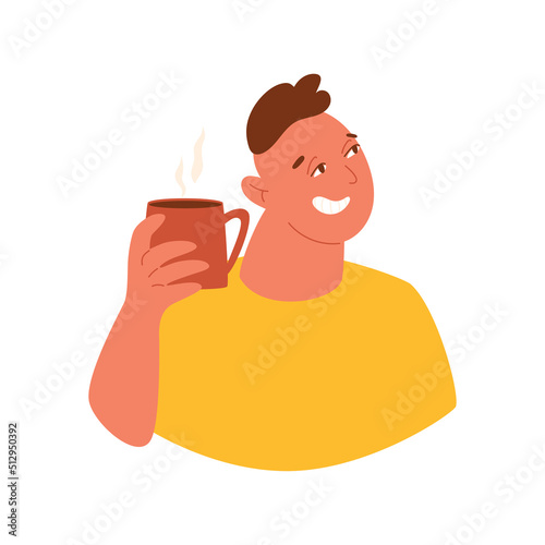 Happy man holding cup with coffee or tea. Portrait of stylish male with hot drink. Vector illustration. Isolated abstract character with pretty face. Relax and take a break concept.