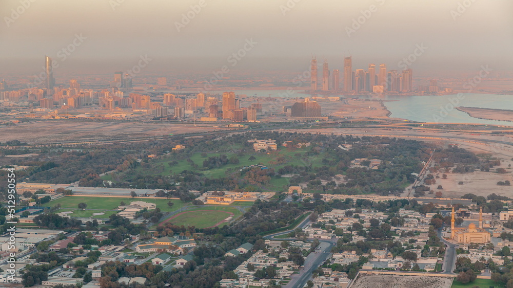 Garden in Zabeel district with skyscrapers on a background aerial timelapse in Dubai, UAE