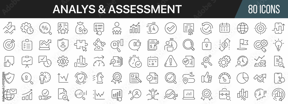 Analysis and assessment line icons collection. Big UI icon set in a flat design. Thin outline icons pack. Vector illustration EPS10 Analysis and assessment line icons collection. Big UI icon set in a flat design. Thin outline icons pack. Vector illustration EPS10