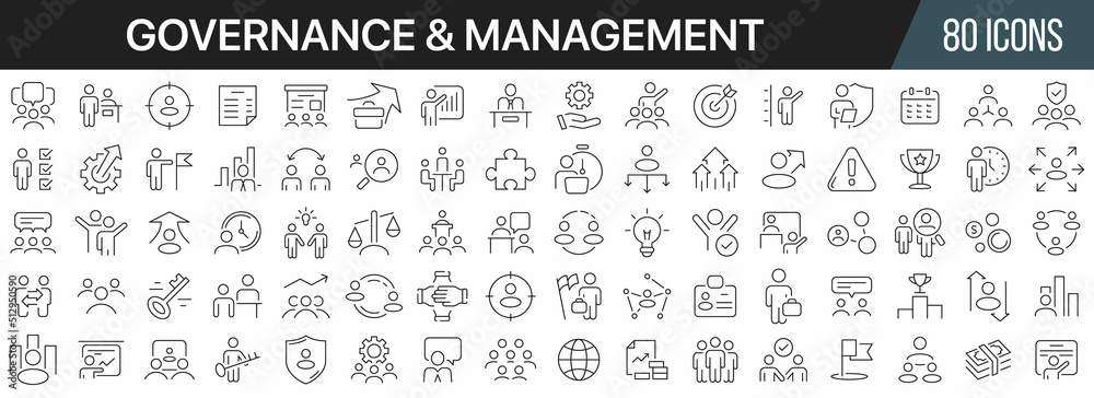 Management and governance line icons collection. Big UI icon set in a flat design. Thin outline icons pack. Vector illustration EPS10 Management and governance line icons collection. Big UI icon set in a flat design. Thin outline icons pack. Vector illustration EPS10