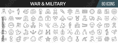 War and military line icons collection. Big UI icon set in a flat design. Thin outline icons pack. Vector illustration EPS10