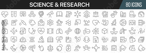 Science and research line icons collection. Big UI icon set in a flat design. Thin outline icons pack. Vector illustration EPS10