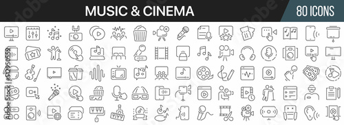 Music and cinema line icons collection. Big UI icon set in a flat design. Thin outline icons pack. Vector illustration EPS10