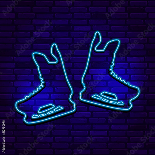 Neon icon of a pair of hockey skates. Hockey equipment. 