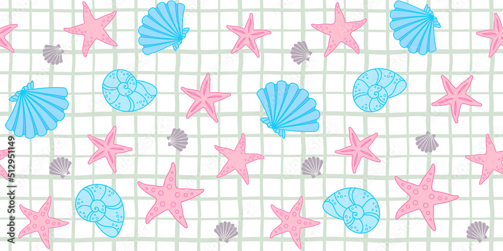 Pink starfish and blue seashells on a white checkered background. Summer endless texture. Vector seamless pattern for wrapping paper, cover, packaging, wrapper, surface texture and printing on clothes