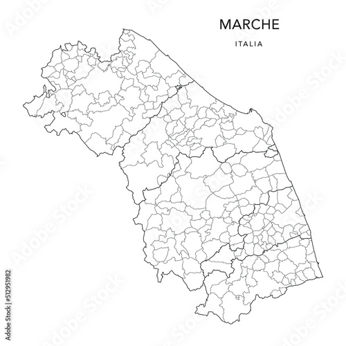 Vector Map of the Geopolitical Subdivisions of the Region of Marche with Provinces and Municipalities (Comuni) as of 2022 - Italy