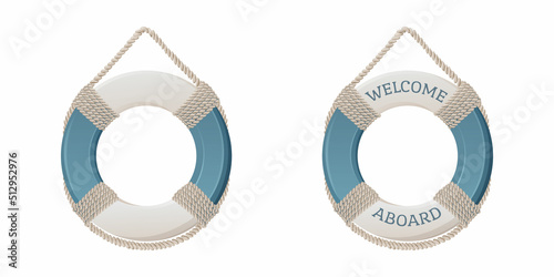 Lifebuoy with ropes, vector illustration, isolated background, cartoon style. Welcome aboard. Marine, nautical theme, equipment for safety on the water, in the sea, ocean. For sticker, banner, flyer. photo