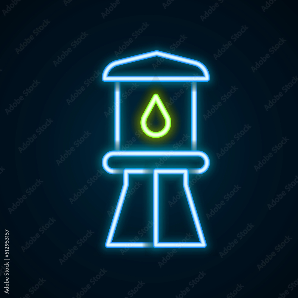 Glowing neon line Water tower icon isolated on black background. Colorful outline concept. Vector Glowing neon line Water tower icon isolated on black background. Colorful outline concept. Vector