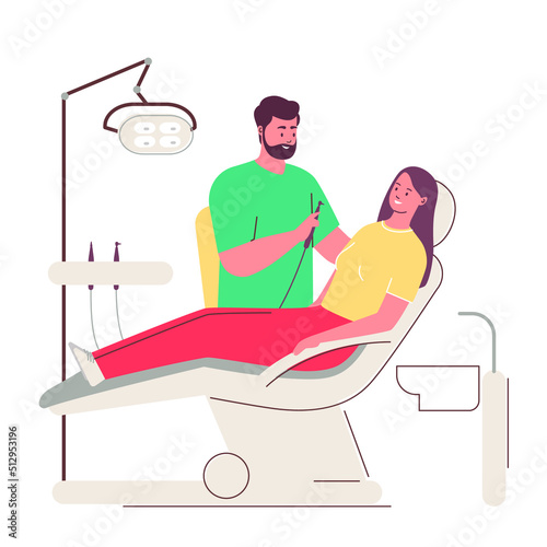Dentistry. Dentist treats patients tooth. Dental Clinic Vector Flat Illustration