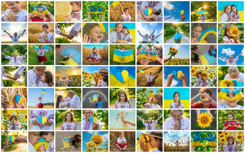 Collage of photos on the theme of Ukraine. Selective focus.