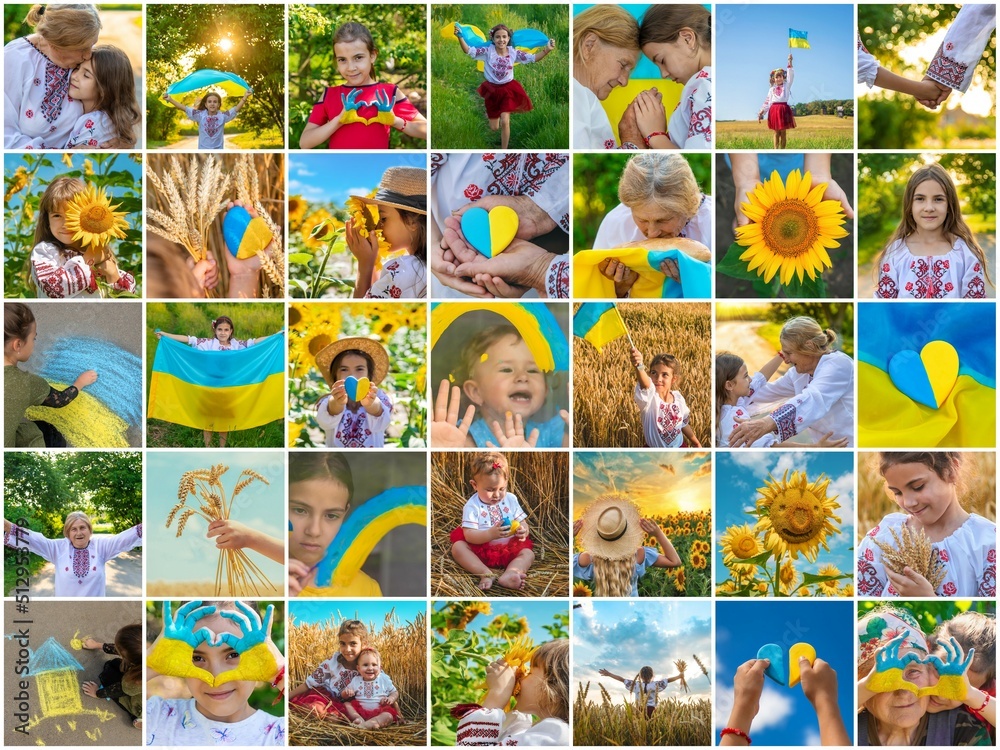Obraz premium Collage of photos on the theme of Ukraine. Selective focus.