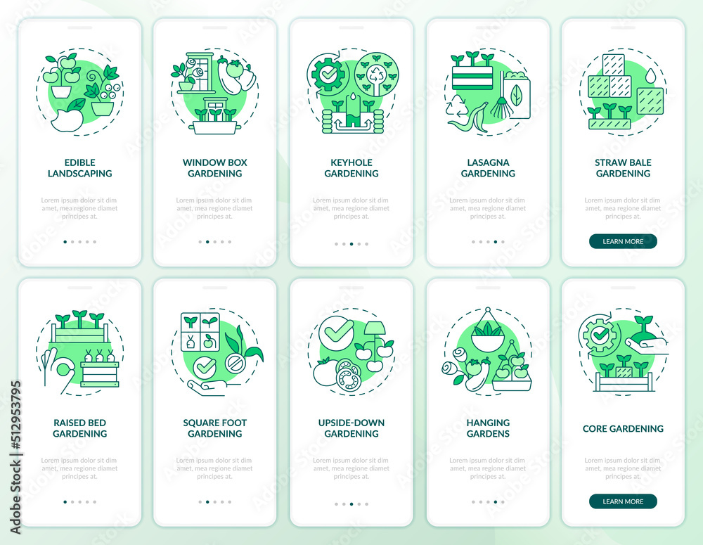 Gardening methods green onboarding mobile app screen set. Planting walkthrough 5 steps editable graphic instructions with linear concepts. UI, UX, GUI template. Myriad Pro-Bold, Regular fonts used