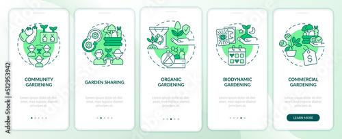 Types of gardening green onboarding mobile app screen. Horticulture walkthrough 5 steps editable graphic instructions with linear concepts. UI, UX, GUI template. Myriad Pro-Bold, Regular fonts used