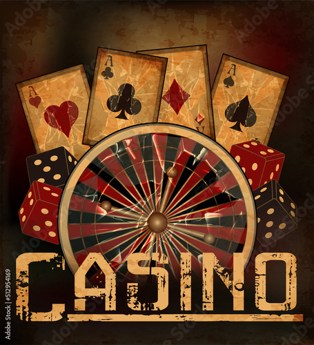 Vintage casino background with roulette and poker cards, casino background, vector illustration