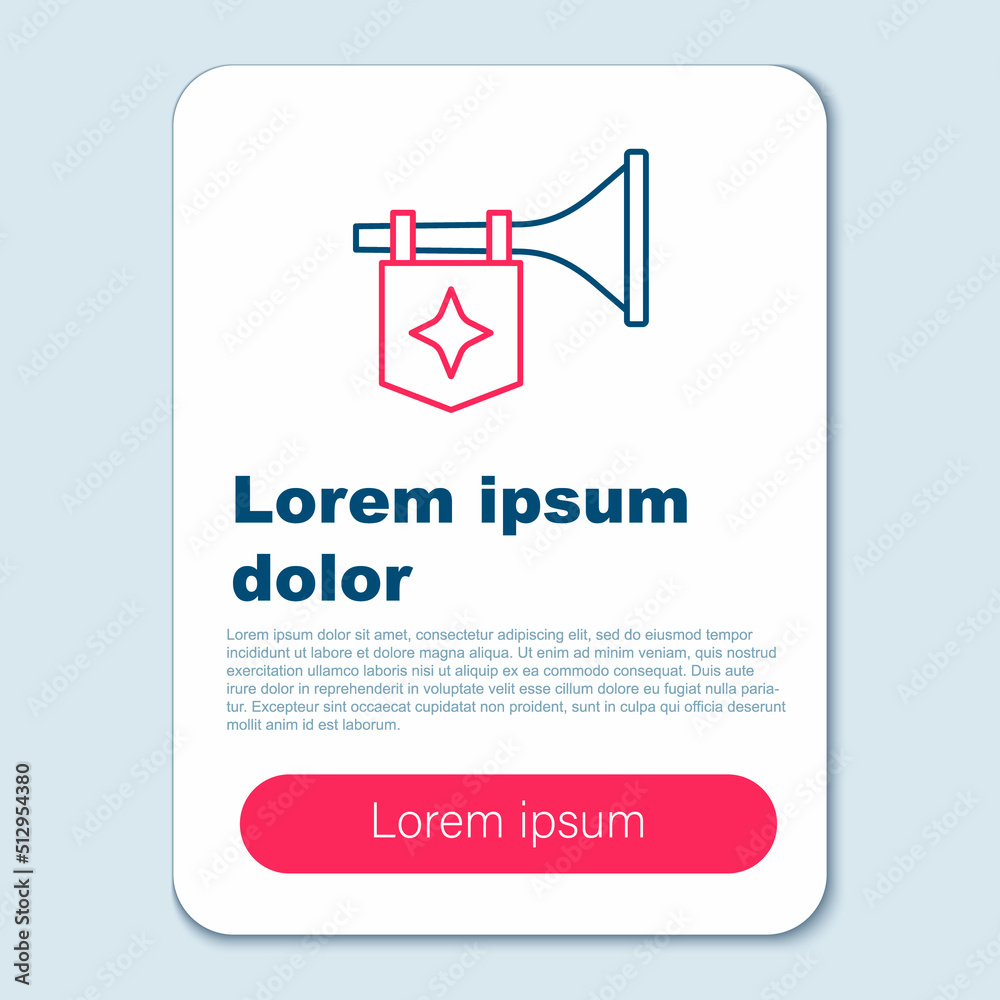 Line Trumpet with flag icon isolated on grey background. Musical instrument trumpet. Colorful outline concept. Vector Line Trumpet with flag icon isolated on grey background. Musical instrument trumpet. Colorful outline concept. Vector
