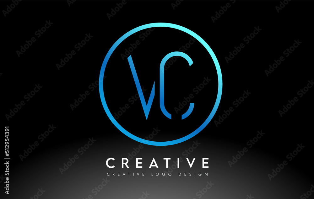 Neon Blue VC Letters Logo Design Slim. Creative Simple Clean Letter Concept.