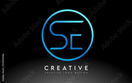 Neon Blue SE Letters Logo Design Slim. Creative Simple Clean Letter Concept.