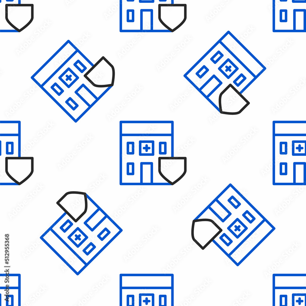 Line Medical hospital building with shield icon isolated seamless pattern on white background. Medical insurance. Security, safety, protection concept. Colorful outline concept. Vector Line Medical hospital building with shield icon isolated seamless pattern on white background. Medical insurance. Security, safety, protection concept. Colorful outline concept. Vector