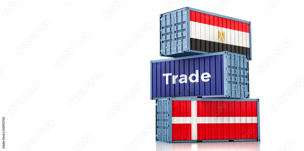 Cargo containers with Denmark and Egypt national flags. 3D Rendering